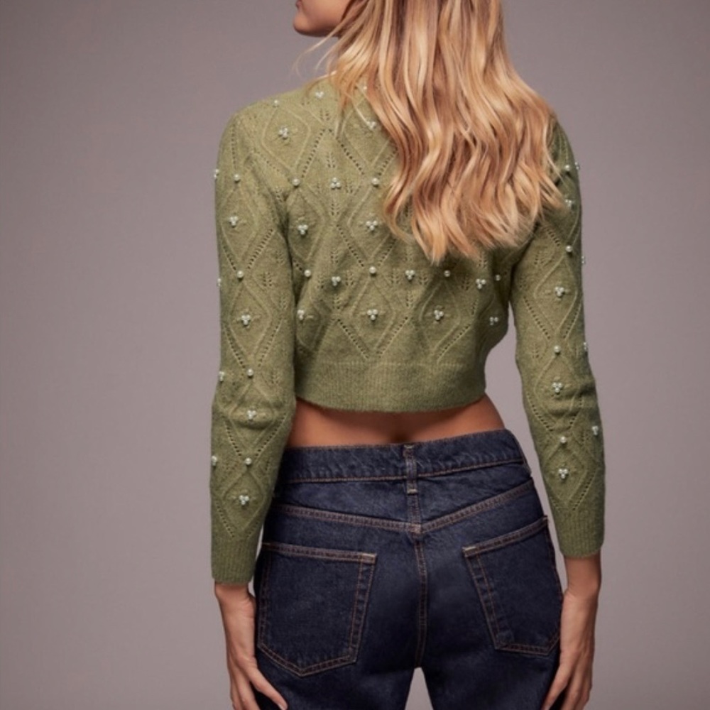 ZARA Knit Pea Green Pearl Turtleneck Crop Sweater, Size Medium